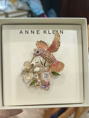 Anne Klein Pink & Gold Hummingbird Flower Brooch
